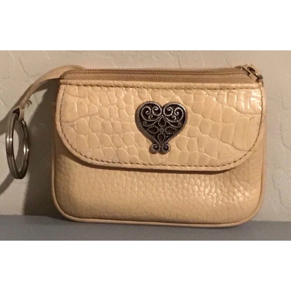 Brighton Tan Leather Coin Purse Crocodile Embossed Silver Heart 4”x3” w/Keychain